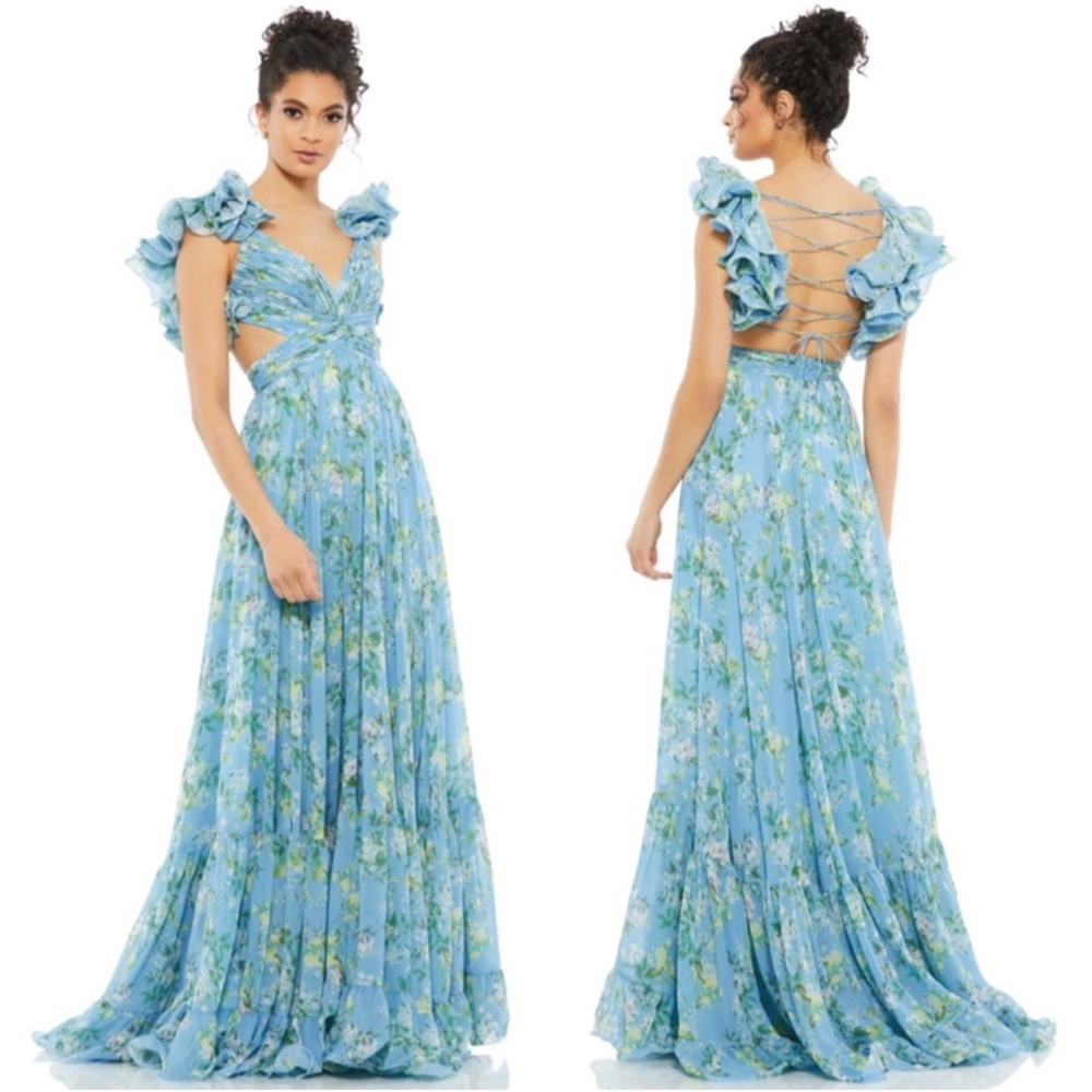 Mac Duggal Sky Blue Floral Lace-Up Back Maxi Dress